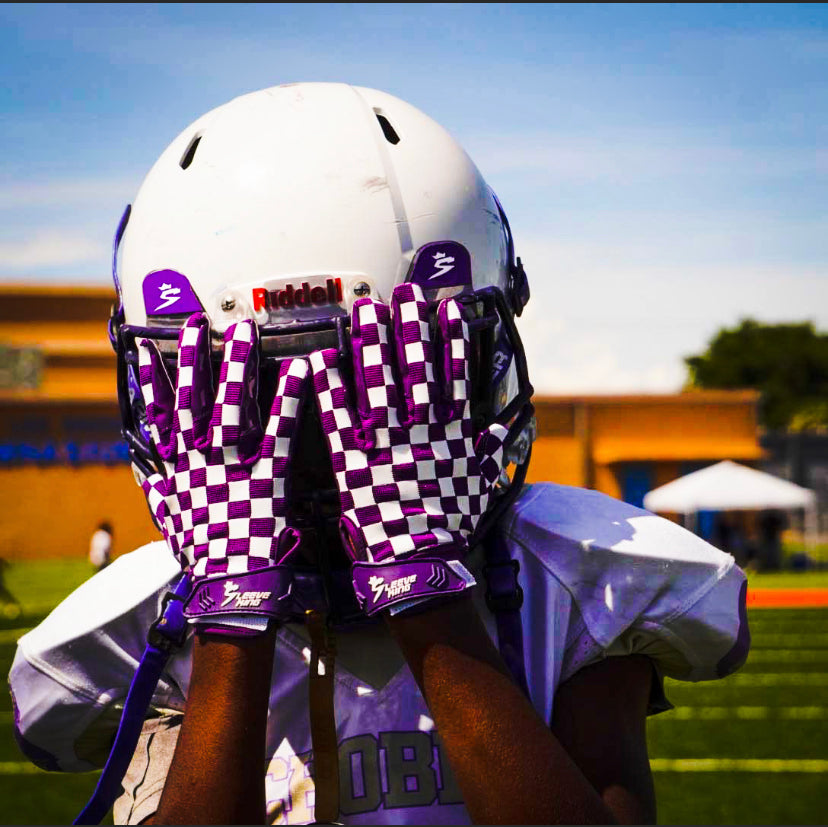 football gloves on helmet Check Mate Receiver Gloves (Purple) – Sleeve King Athletics